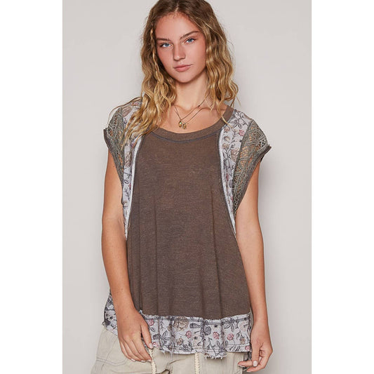 Charcoal with Floral Crochet Contrast Round Neck Sleeveless Top