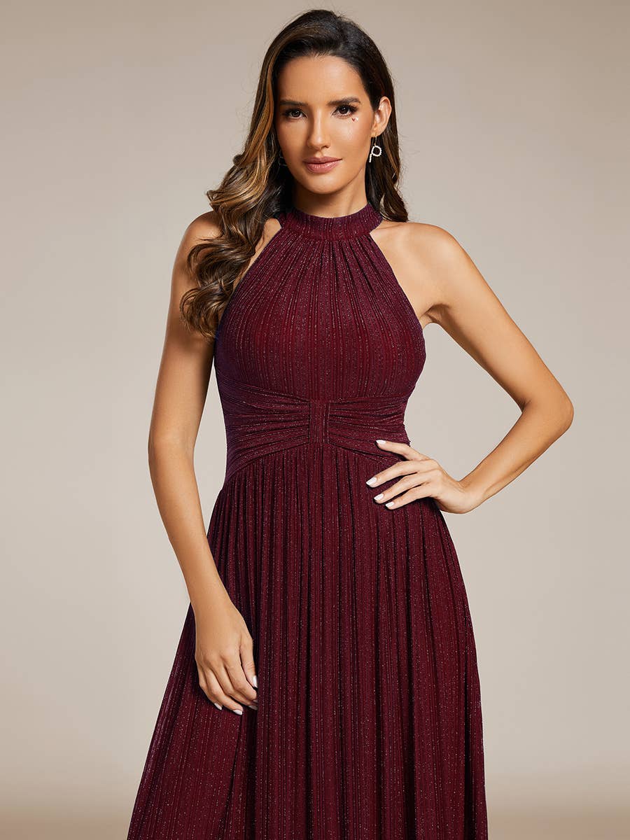 Burgundy Glittery Halter Neck Pleated Evening Dress