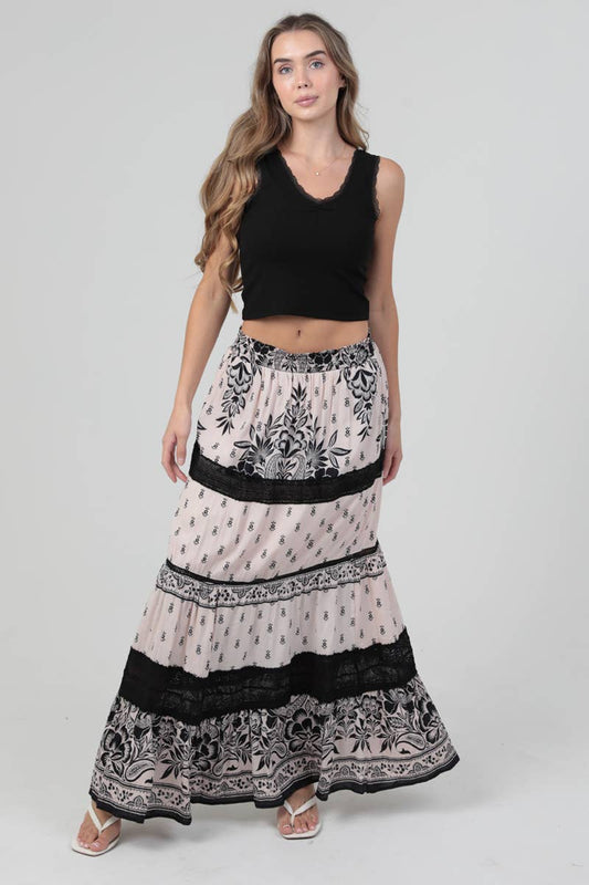 Lace Trim Printed Maxi Skirt