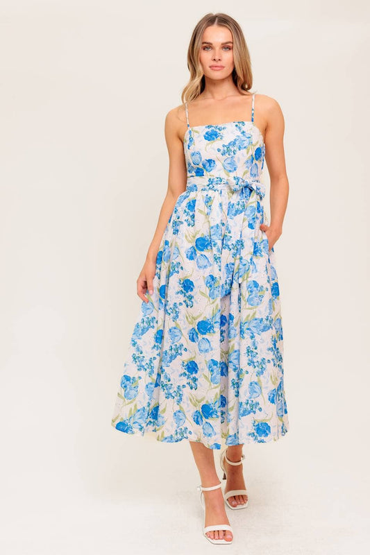 Blue and Ivory Floral Midi Dress
