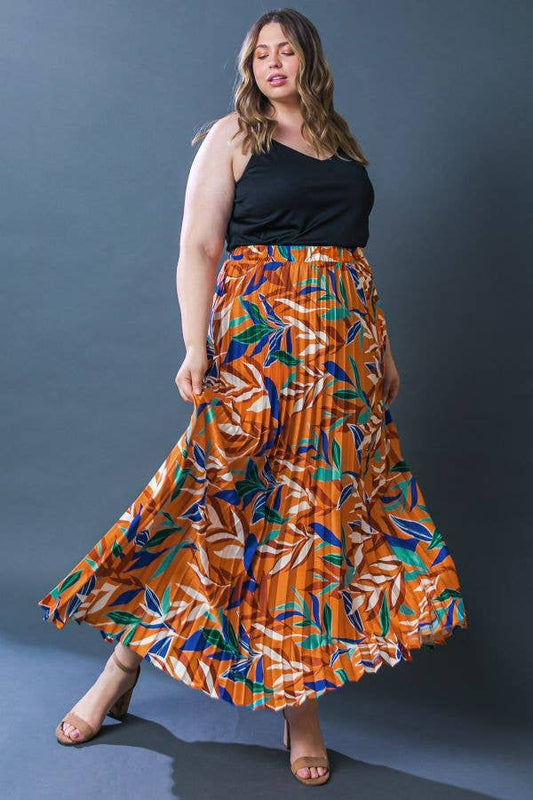 Leaf print Pleated Maxi Skirt