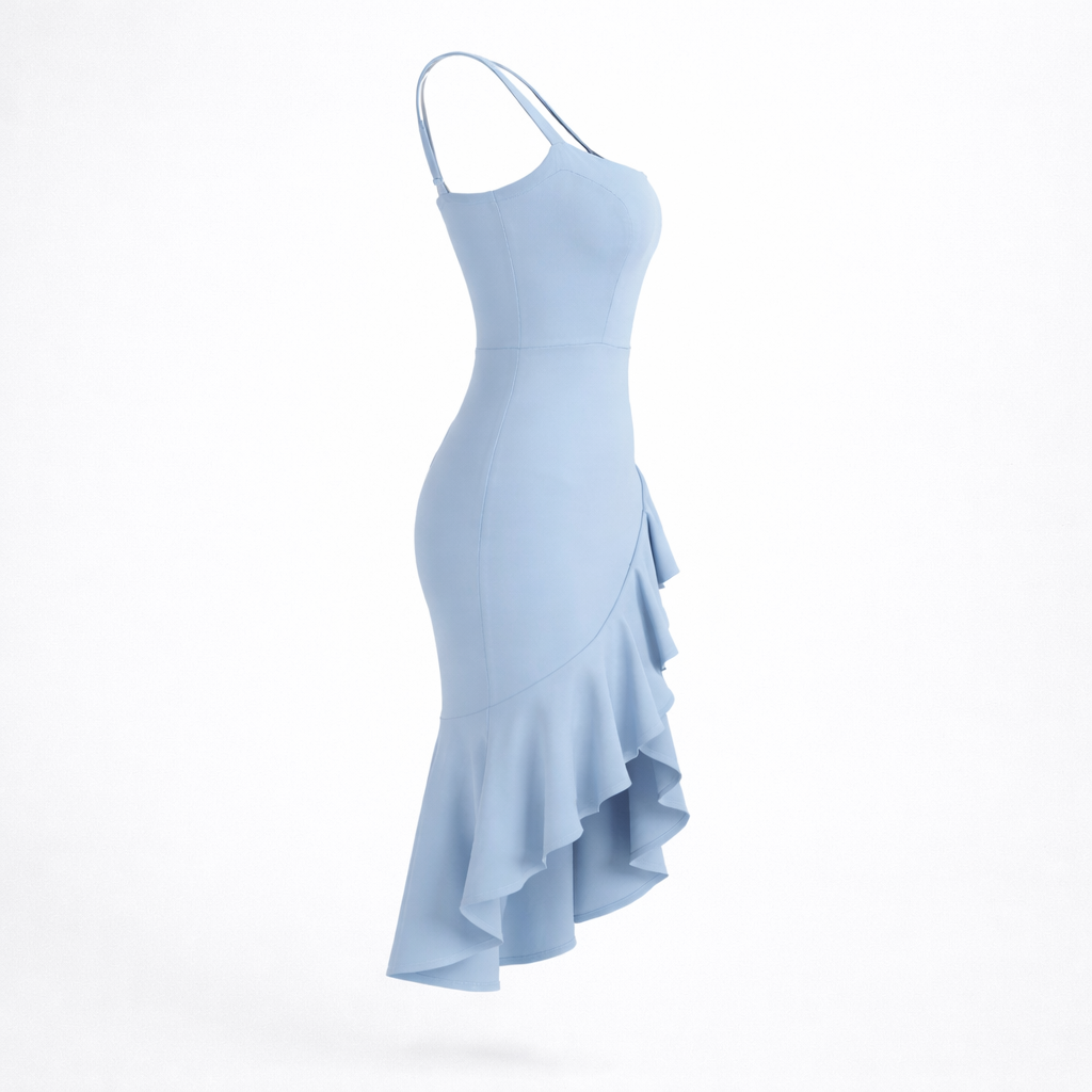 Soft Blue Ruffle Midi Dress