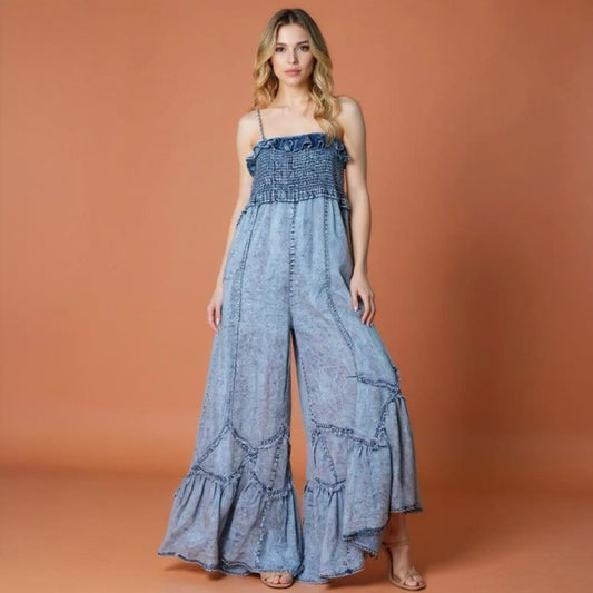 Washed Smocked Ruffle Hem Wide Leg Denim Jumpsuit