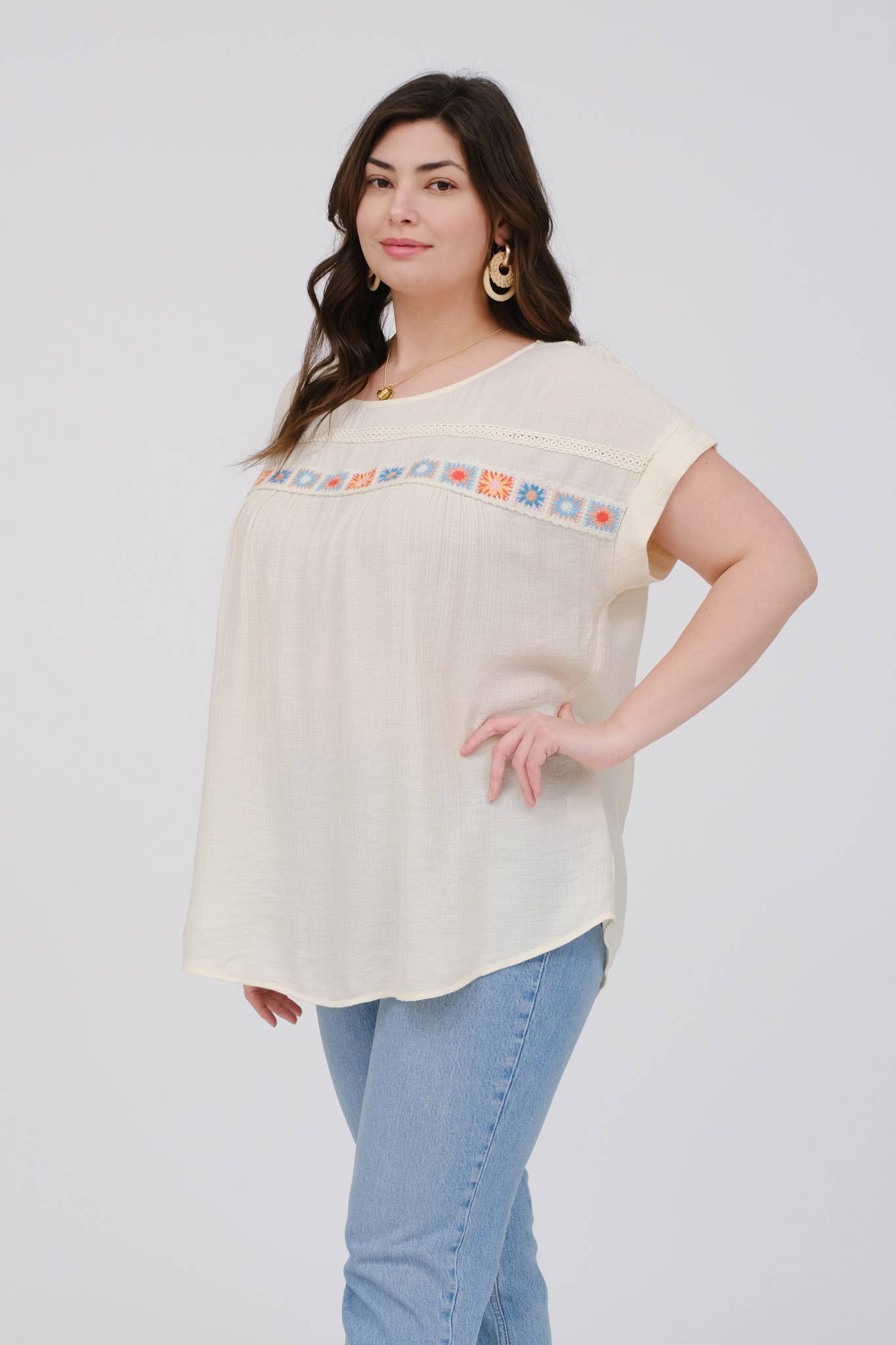 Off White Crochet Details Short Sleeve Top