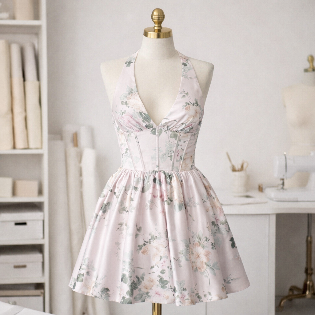 Floral Corset Satin Halter Mini Dress