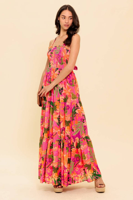 Pink and Orange Floral maxi Dress