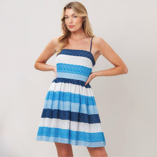 Blue and White Striped Eyelet Mini Dress