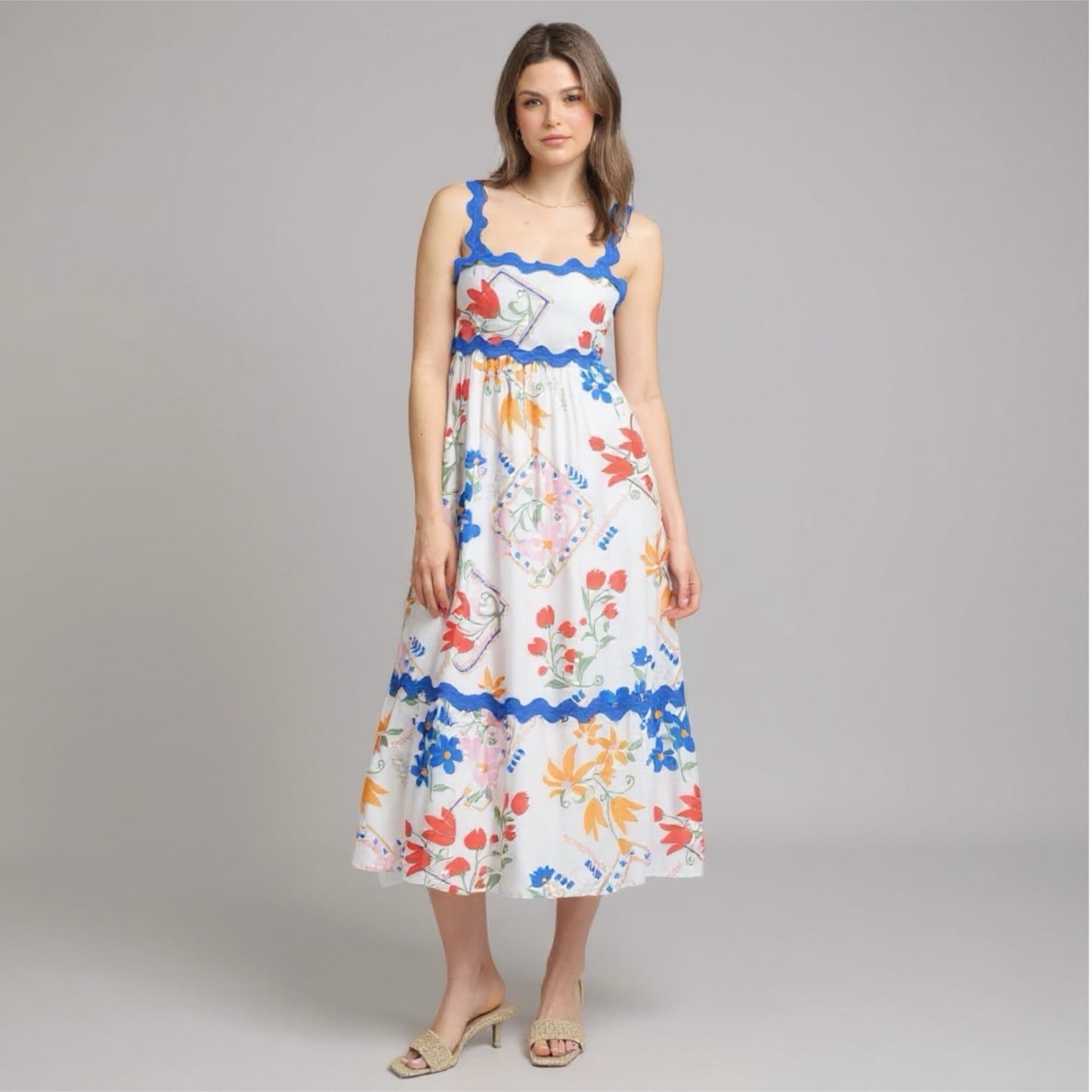 Floral Pattern Wavy Details Sleeveless Midi Dress