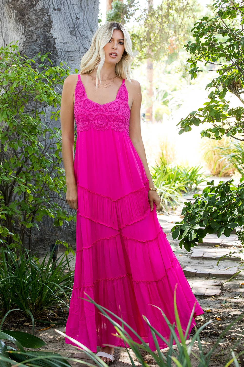 Pink Crochet Details Maxi Dress.