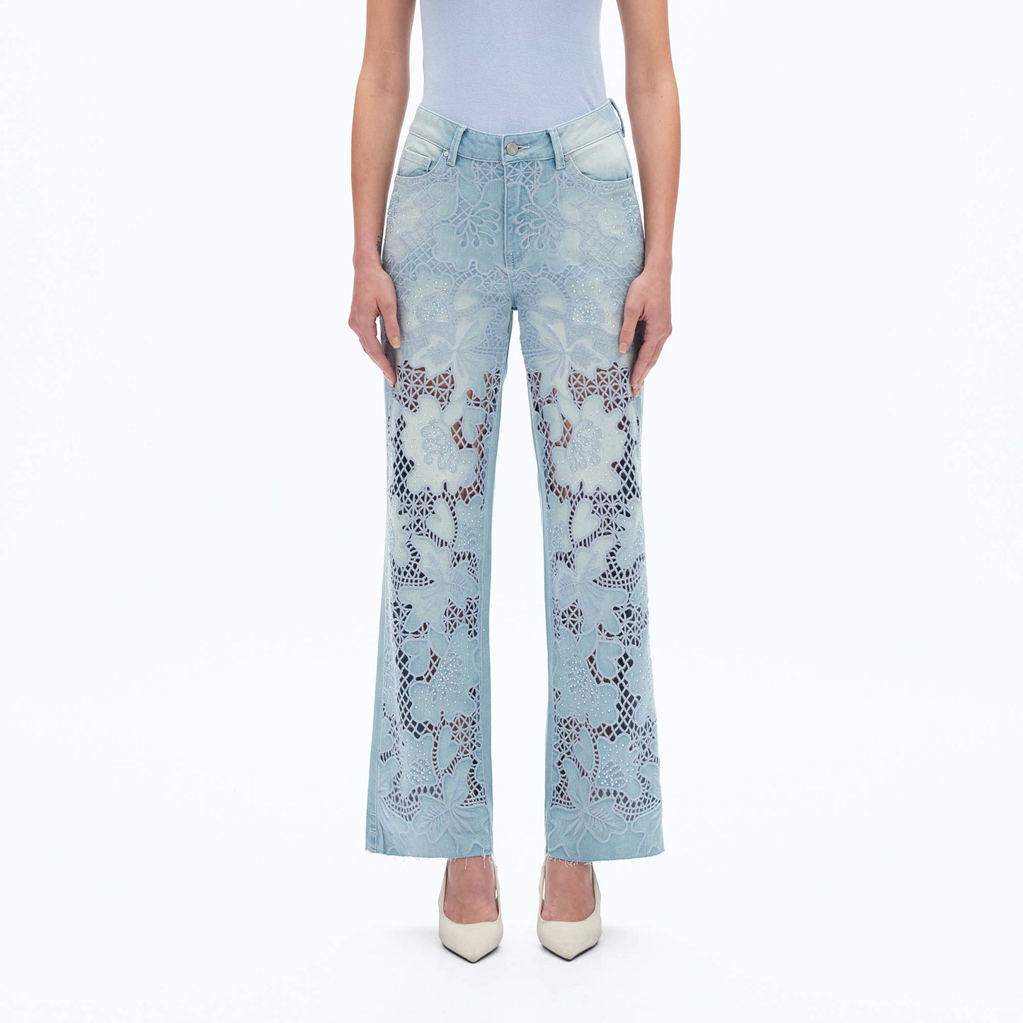 High Rise Embroidered Raw Hem Jeans