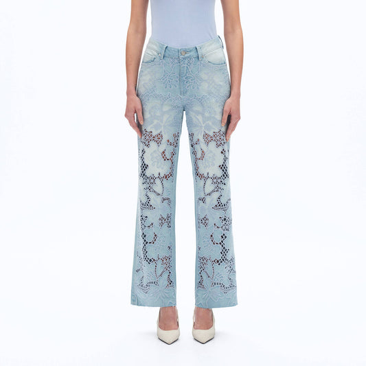 High Rise Embroidered Raw Hem Jeans