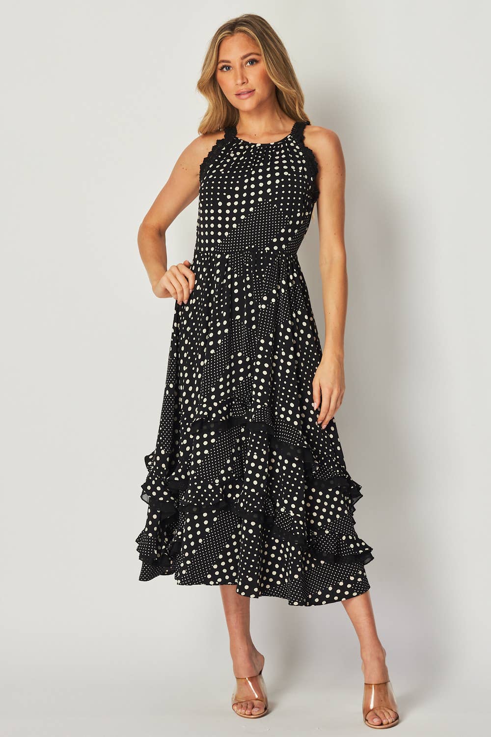 Polka Dot Sleeveless Tiered Midi Dress