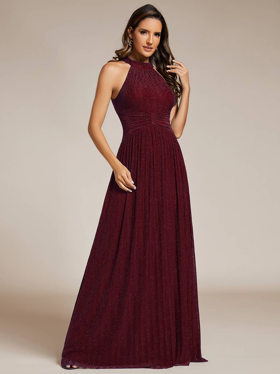 Burgundy Glittery Halter Neck Pleated Evening Dress