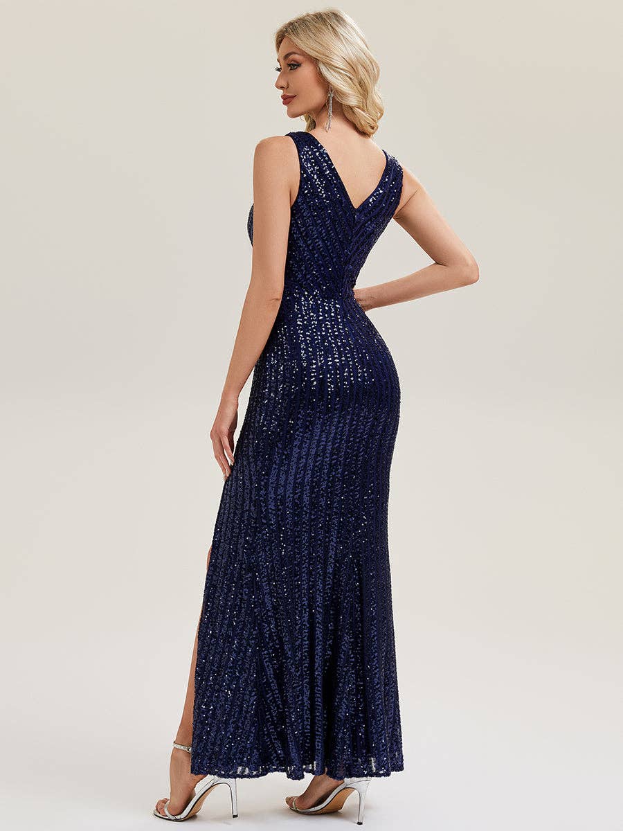 Navy V-Neck Sequin Fishtail Evening Dresses