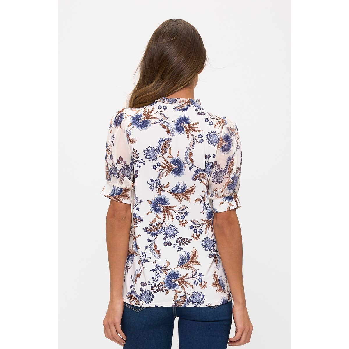 FLORAL MIX MEDIA TIE NECK PEASANT