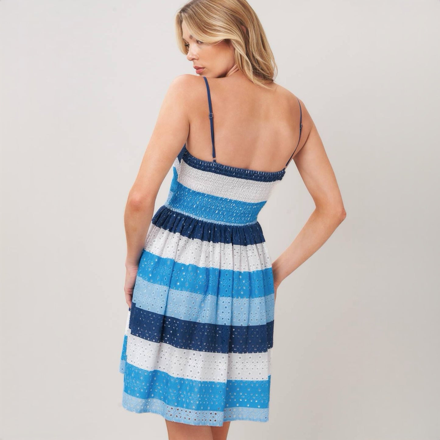 Blue and White Striped Eyelet Mini Dress