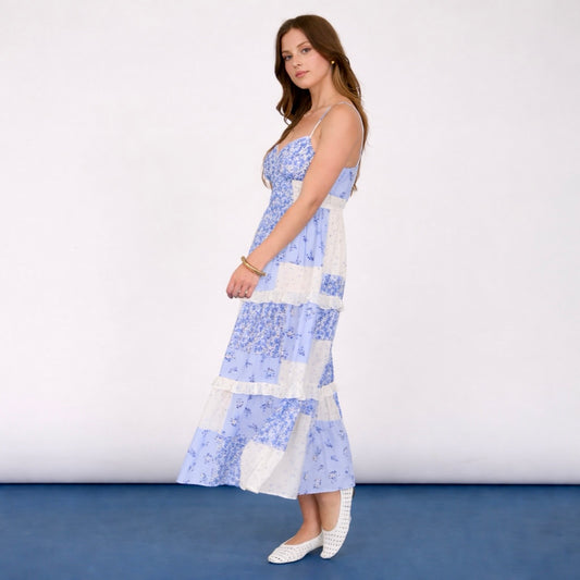 Blue & White Patchwork Floral Midi Dress