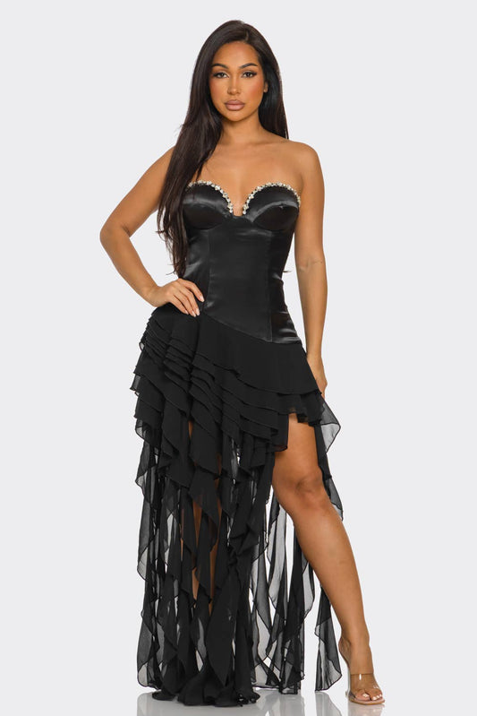 Ruffed Hem Sweetheart Maxi Dress
