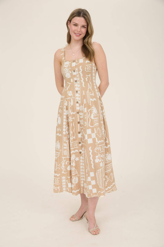 Button Down Printed Sleeveless Midi Dress