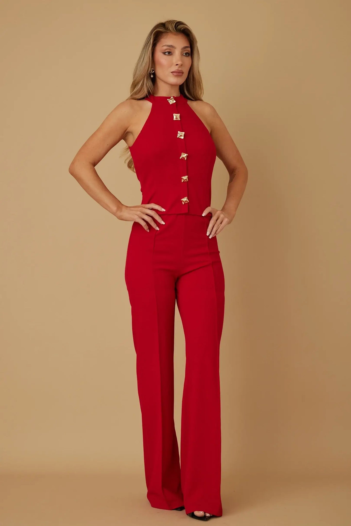 Red Halter Neck Button Front Jumpsuit