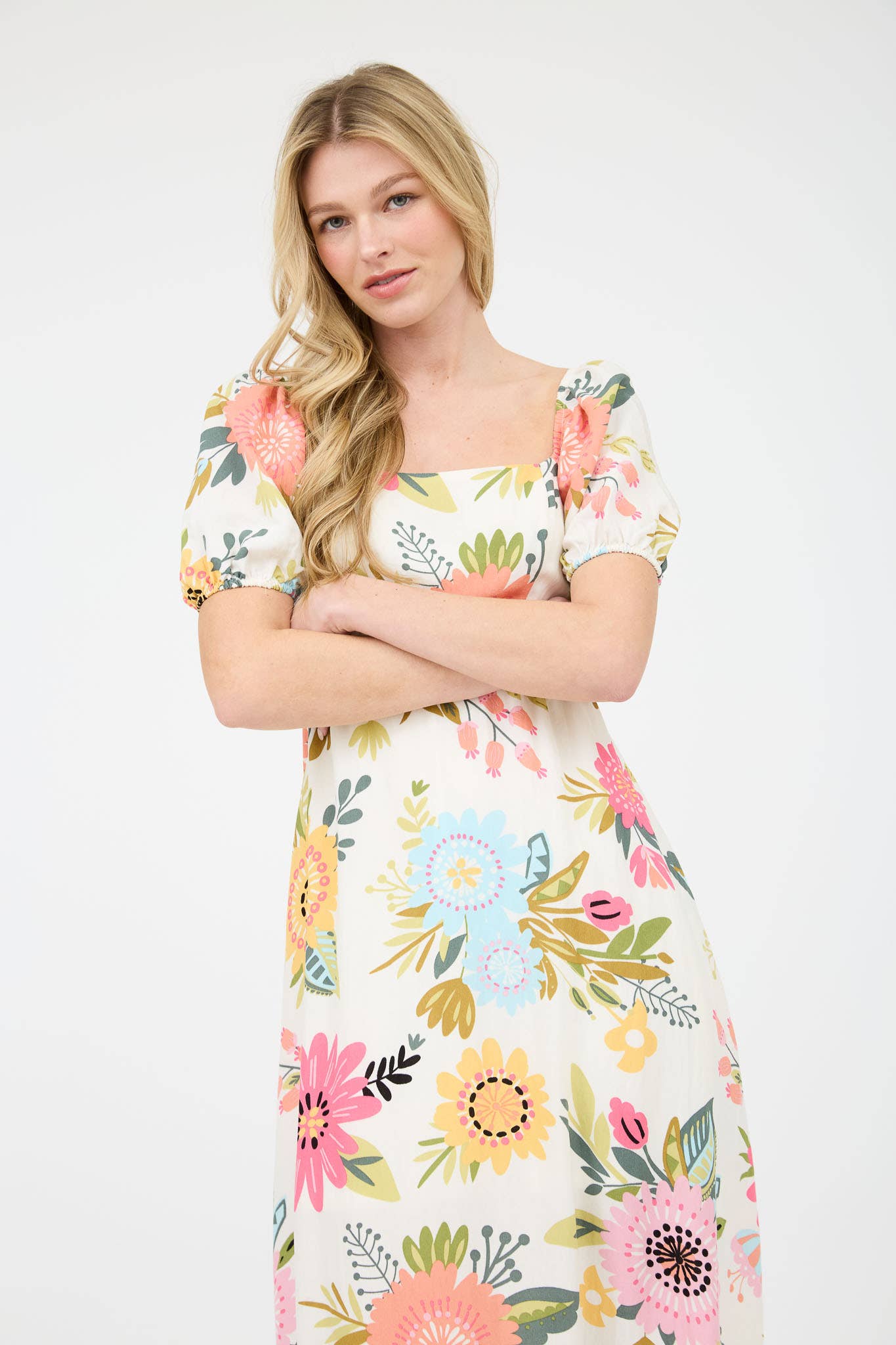 Floral Puff Sleeves Midi Dress