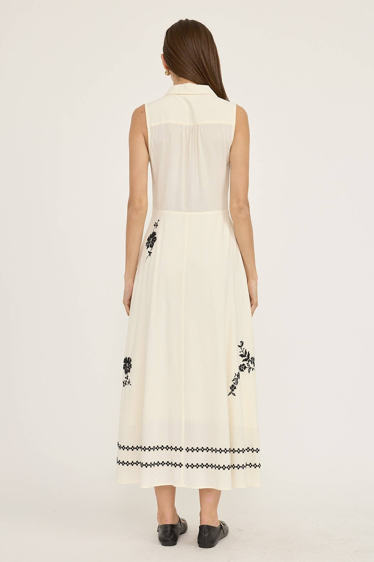 Ivory Sleeveless Embroidered Button Front Maxi Dress
