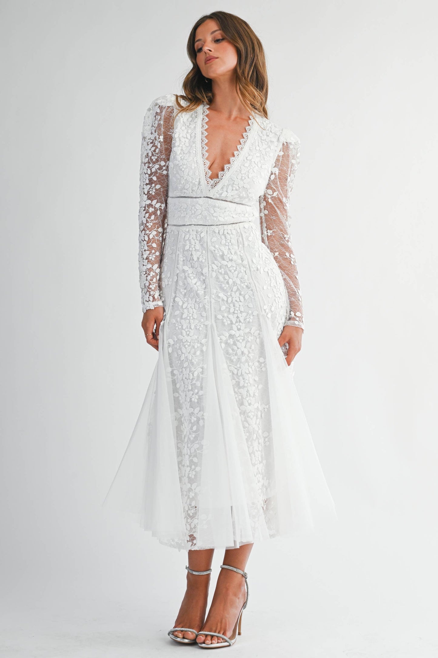 White Floral Embroidered Lace A-Line Dress