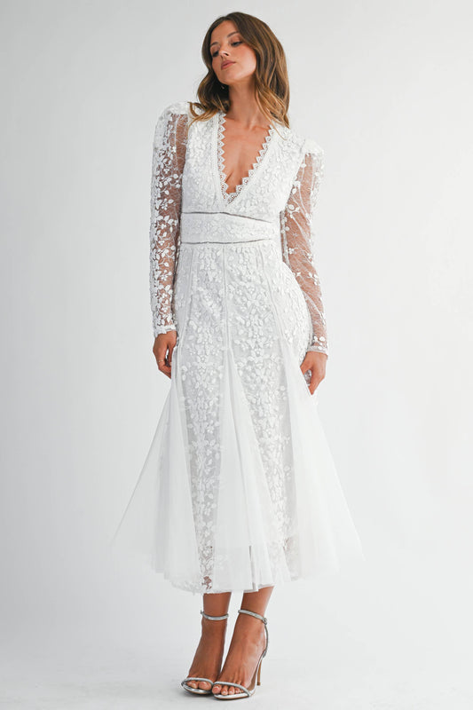 White Floral Embroidered Lace A-Line Dress