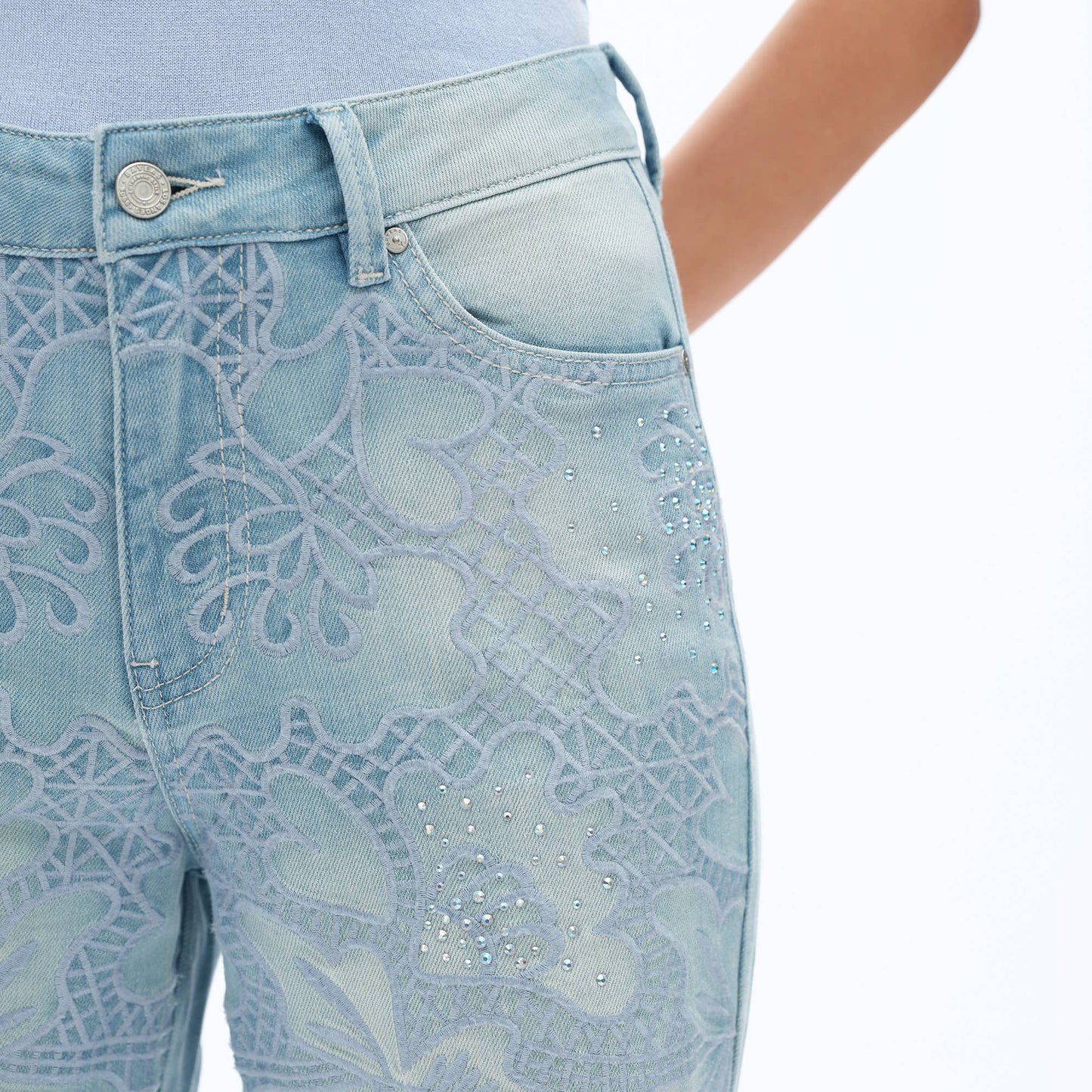 High Rise Embroidered Raw Hem Jeans