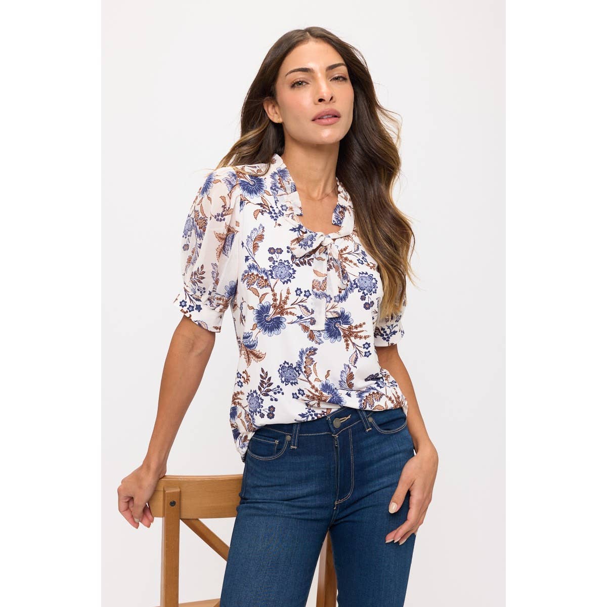 FLORAL MIX MEDIA TIE NECK PEASANT