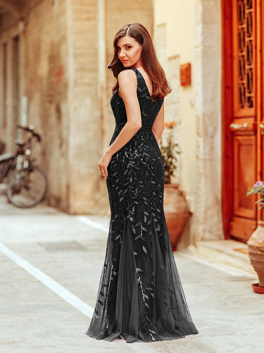 Black Fishtail Sequin Mesh Evening Dress