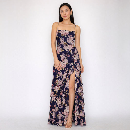 Ruffled Hem Navy Floral Maxi Dress