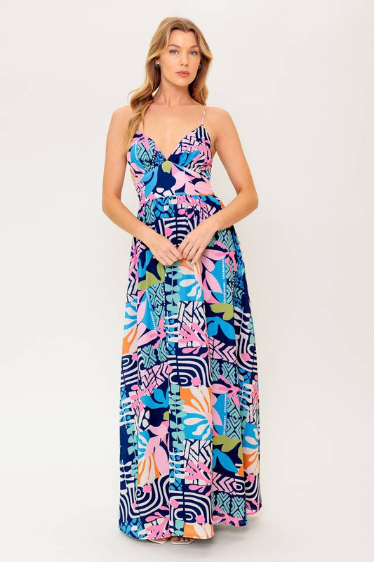 Tropical Print Sleeveless Maxi Dress