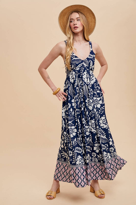 Indigo Border Print Maxi Dress