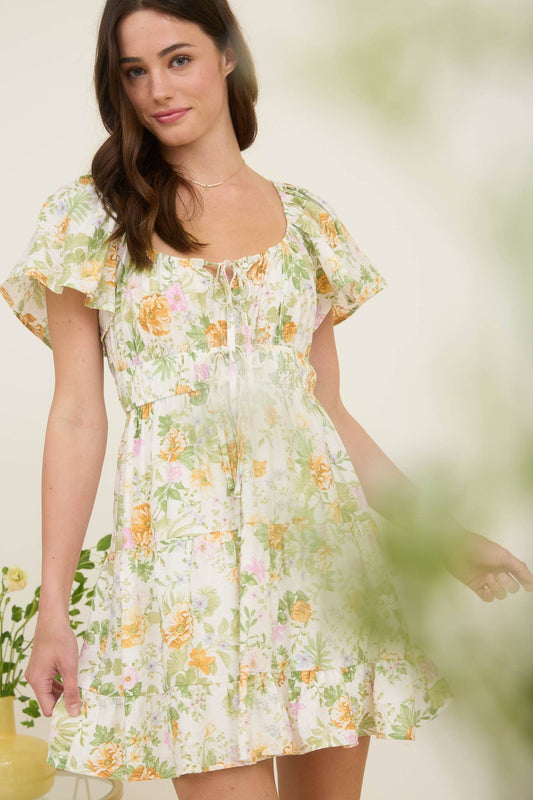 Floral Tie Front Tired Mini Dress