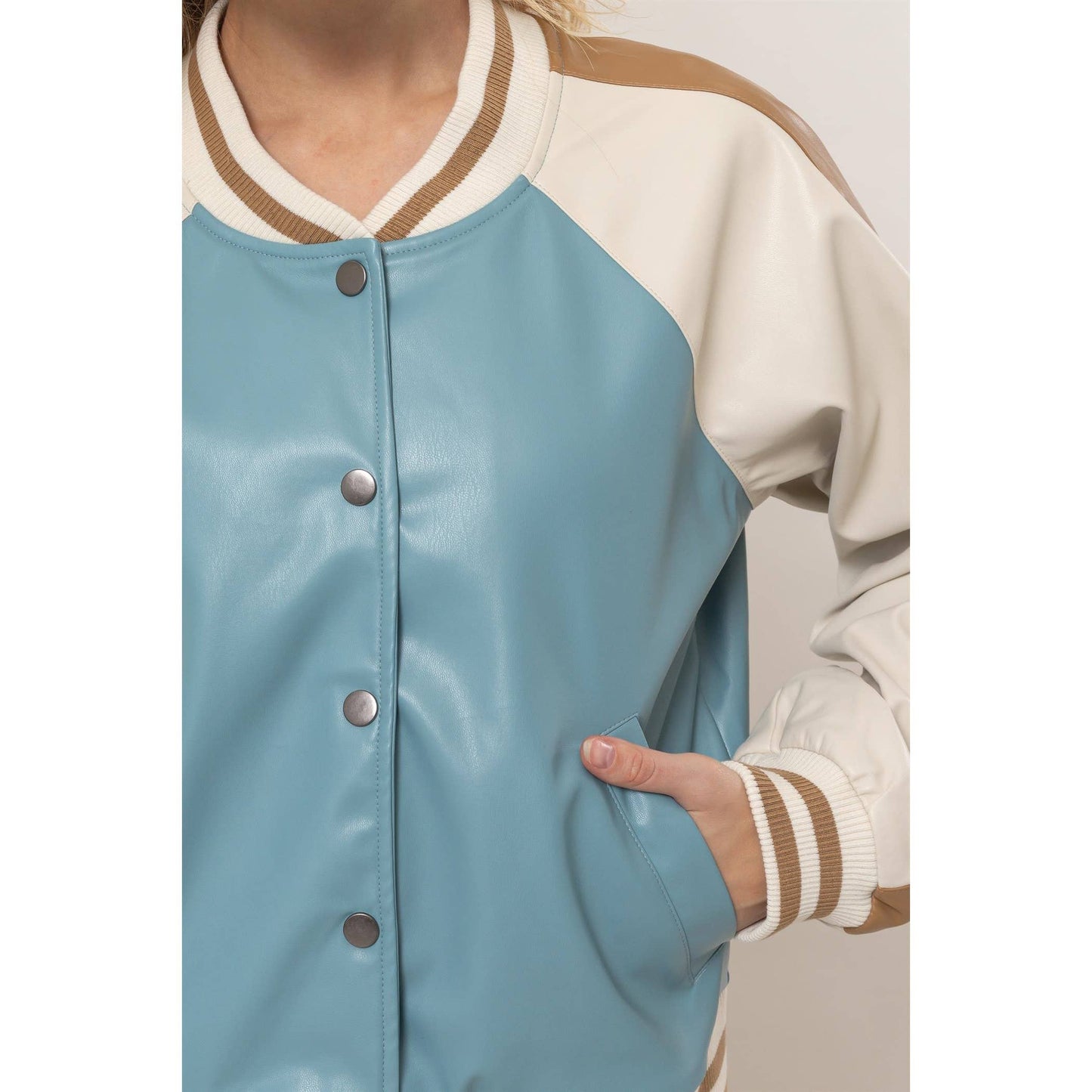 Faux Leather Color Block Baseball Jacket