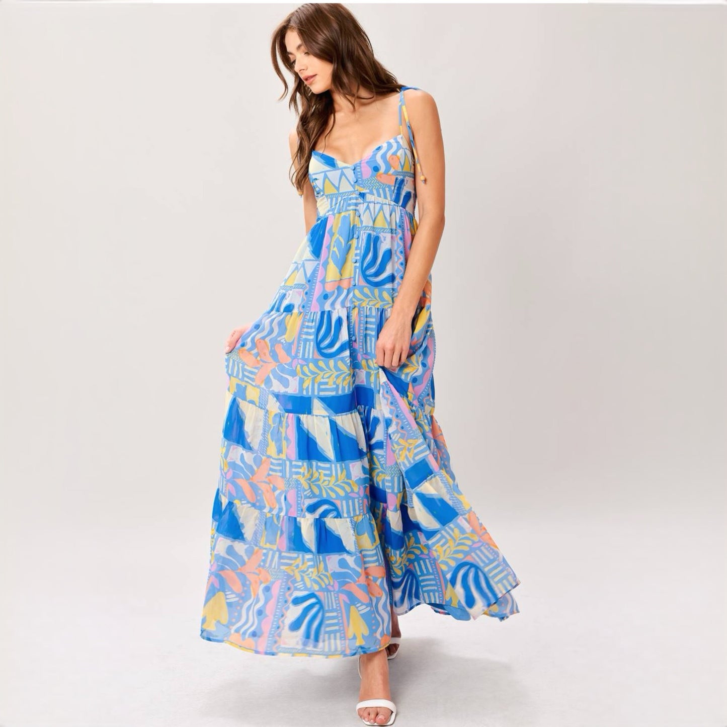 Coral Print Tiered Maxi Dress