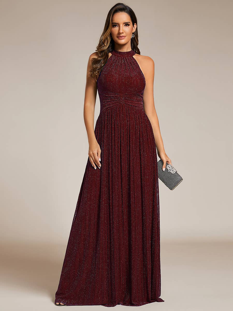 Burgundy Glittery Halter Neck Pleated Evening Dress