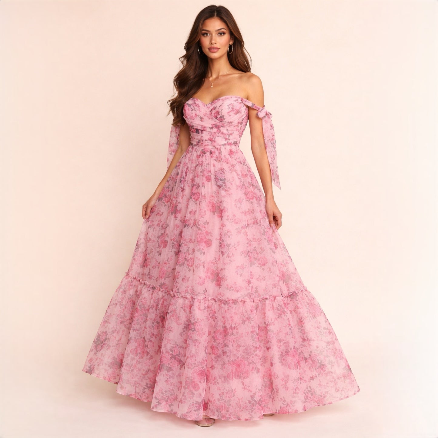 Romantic Pink Floral Off-Shoulder Maxi Dress