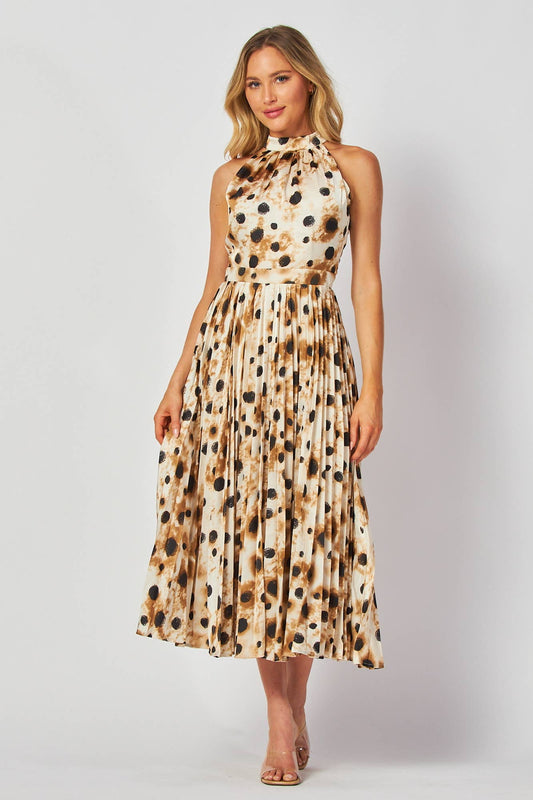 Dots Print Sleeveless Choker Neck Midi Cocktail Dress