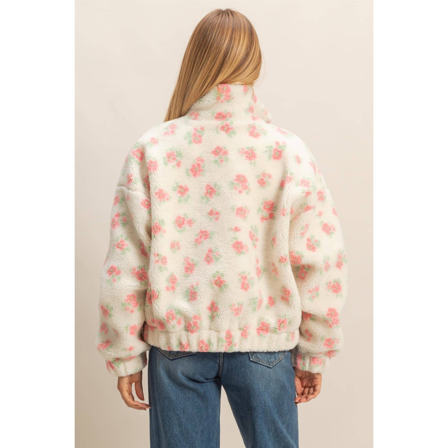Comfy Floral Print Sherpa Zip-Up Jacket
