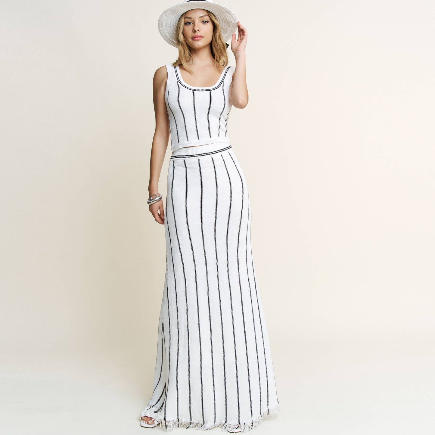 Striped Knit Top and Fringe Maxi Skirt