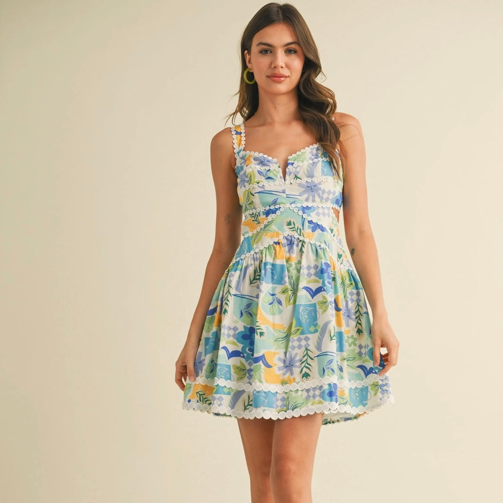 Tropical Lace Trim Mini Dress