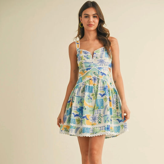 Tropical Lace Trim Mini Dress