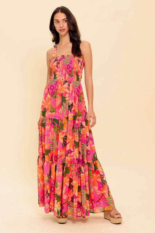 Pink and Orange Floral maxi Dress