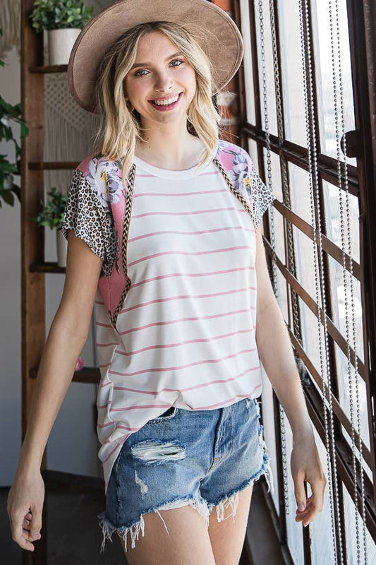 Color Block  Animal Print Trim Detail Short Sleeve Top