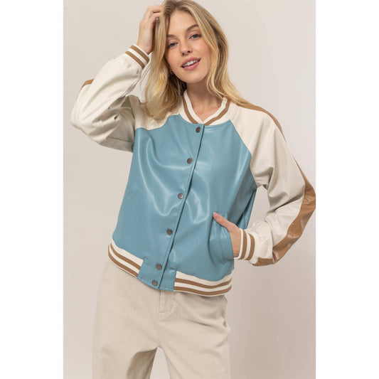 Faux Leather Color Block Baseball Jacket