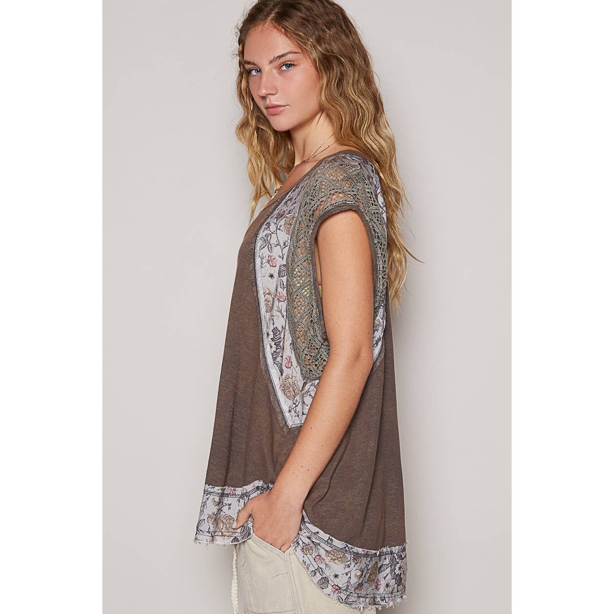 Charcoal with Floral Crochet Contrast Round Neck Sleeveless Top
