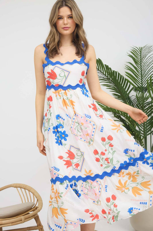 Floral Pattern Wavy Details Sleeveless Midi Dress
