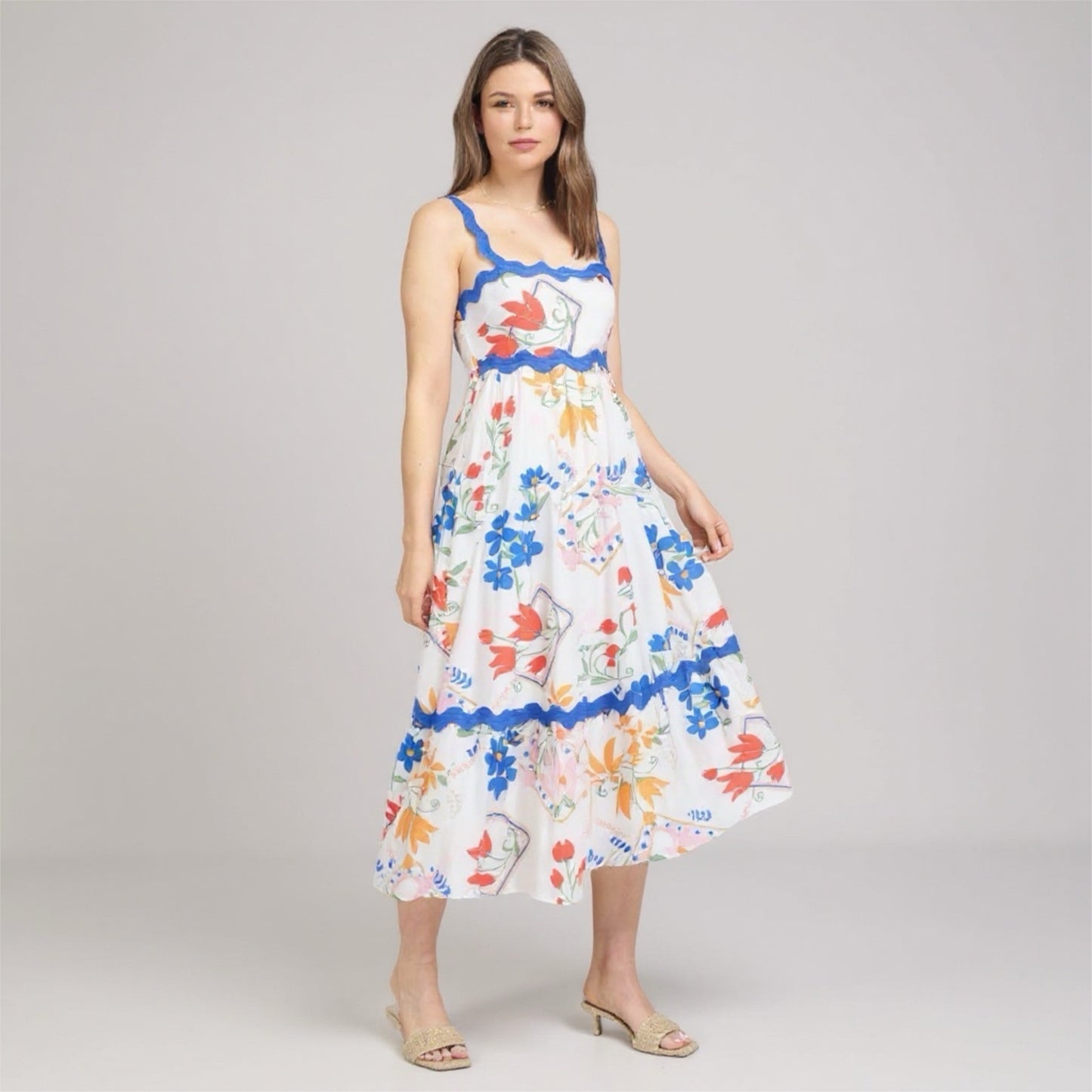 Floral Pattern Wavy Details Sleeveless Midi Dress